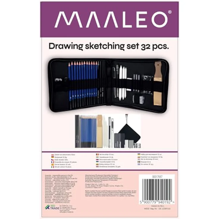 MALATEC Bleistift Skizzen Set 32-teilig, Zeichenset mit 12 Skizzenstiften, 6B Bleistift, 3 Kohlestiften, schwarz – Bild 4
