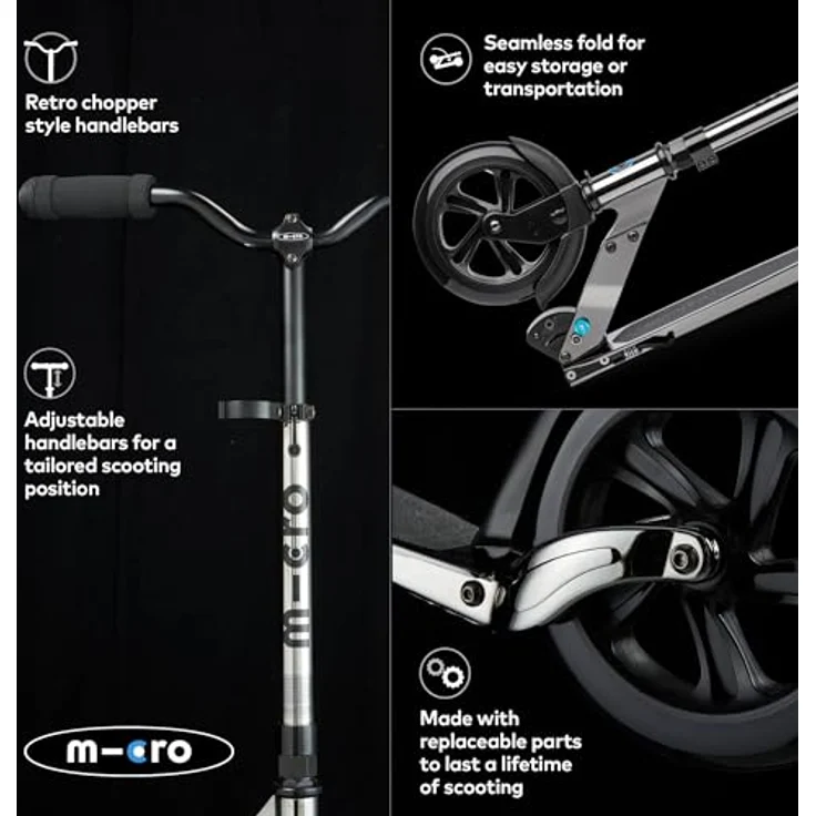 Micro Micro Classic Neochrom Schwarz, Scooter mit extragroßen 200 mm Rädern & ergonomischem Trittbrett – Bild 4