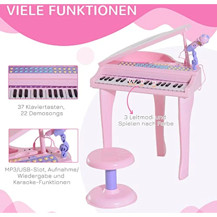 HOMCOM Kinder Klavier Mini-Klavier Piano Keyboard Musikinstrument MP3 USB inkl. Hocker 37 Tasten Rosa – Bild 5