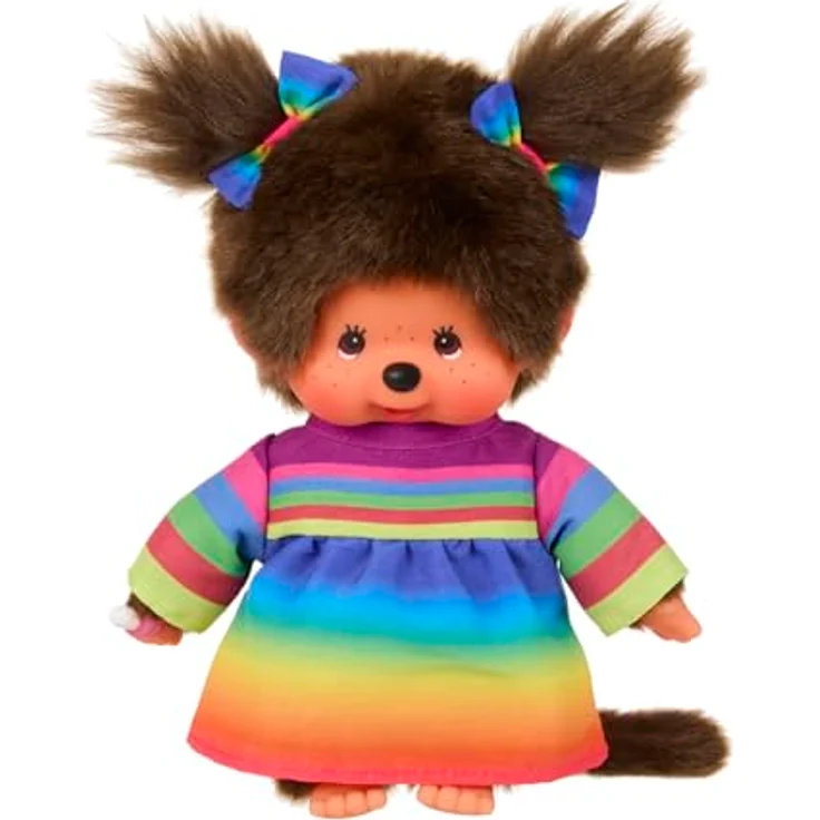 MONCHHICHI Monchhichi 20cm Mädchen im Regenbogen-Kleid mit zwei Zöpfchen, Kuscheltier – Bild 2