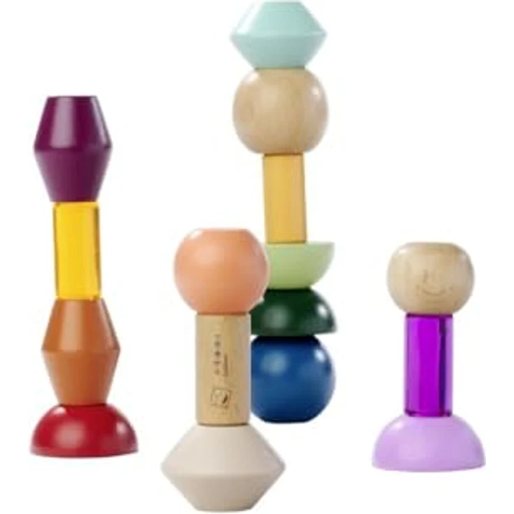 Eichhorn Montessori Stapelspielzeug Stapelperlen, 16 farbenfrohe geometrische Bausteine aus FSC® Buchenholz, fördert Kreativität und Feinmotorik – Bild 4