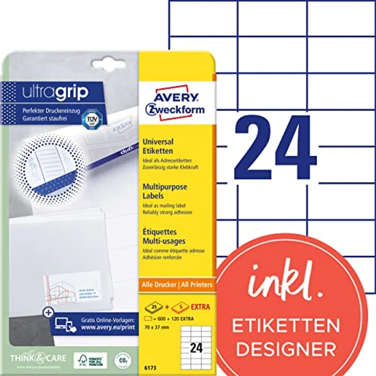 AVERY Zweckform 6173 Adressaufkleber (600 plus 120 Klebeetiketten extra, 70x37mm auf A4, Papier matt, bedruckbare Absenderetiketten, selbstklebende Adressetiketten mit ultragrip) 30 Blatt, weiß – Bild 1
