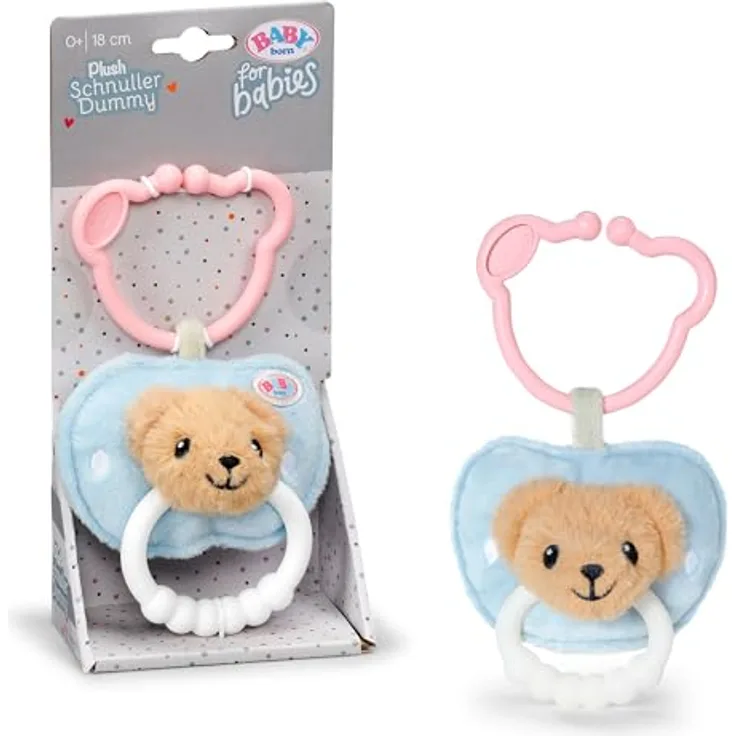BABY Born Plüsch Schnuller mit Bärchengesicht, Beißring mit Clip, 18 cm groß, quietscht, waschbar