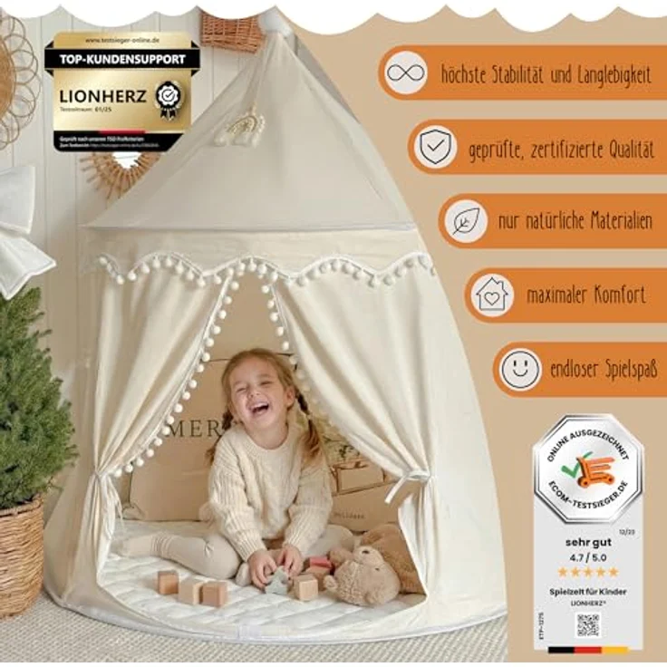 LIONHERZ® Spielzelt Märchenschloss, atmungsaktives Baumwoll-Hanf-Gewebe, cremeweiß mit Fiberglasstangen, Tasche, Matte und Deko für Kinder – Bild 2