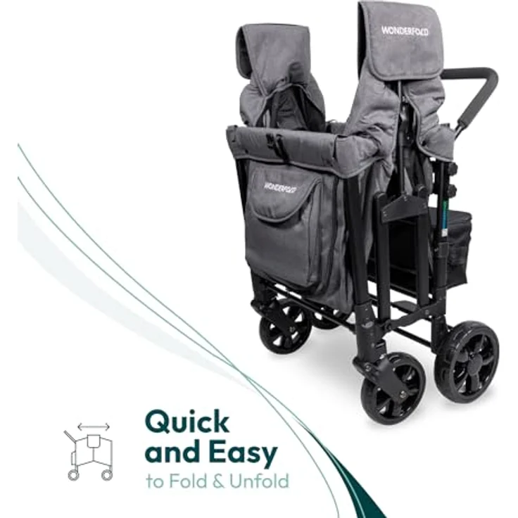WONDERFOLD W4 4-Sitzer-Multifunktions-Quad-Kinderwagen, Grau mit abnehmbaren erhöhten Sitzen und verschiebbarem Verdeck – Bild 5