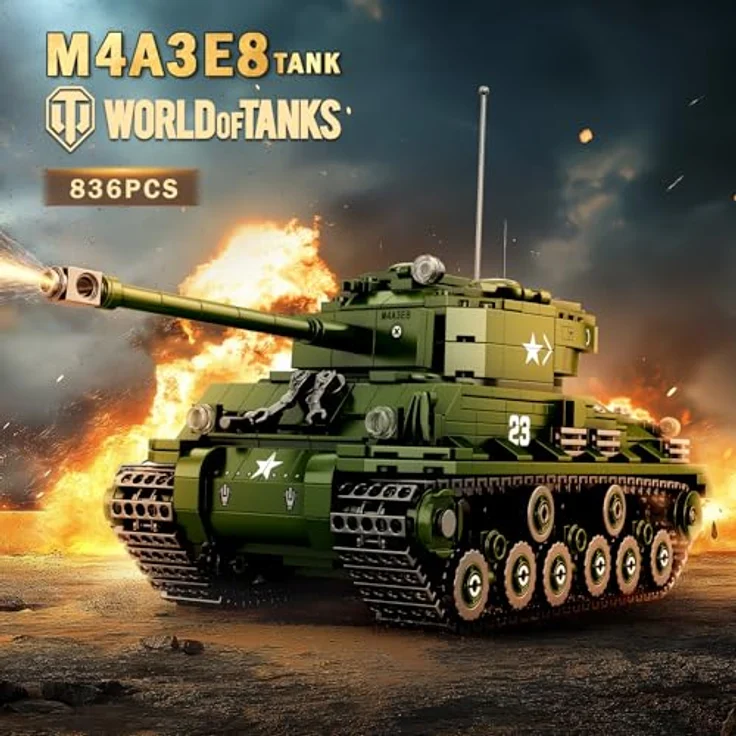Reobrix M4A3E8 Sherman Panzer Bausatz, 77030 Militärmodell im Maßstab 1:35 mit 836 Teilen, World of Tanks lizenziert, für 14+ Jahre, drehbarer Turm und bewegliche Ketten – Bild 2