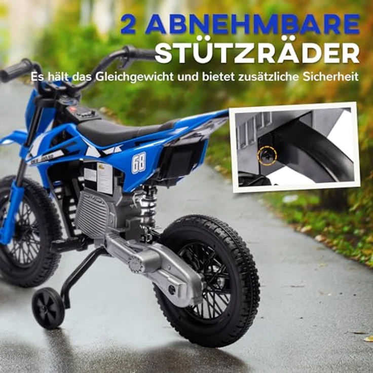 AIYAPLAY Elektro-Kindermotorrad 12V mit Musik, abnehmbaren Trainingsrädern, 2,4-5 km/h, Belastbarkeit 30 kg, Blau – Bild 4