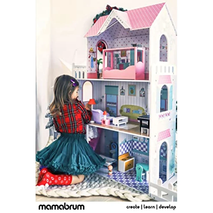 mamabrum Puppenhaus Holz XXL 123 cm mit LED, großes Puppenhaus mit Möbel & Garten für Mädchen ab 3 Jahre, kreatives Spielhaus mit Licht & Zubehör – Bild 4