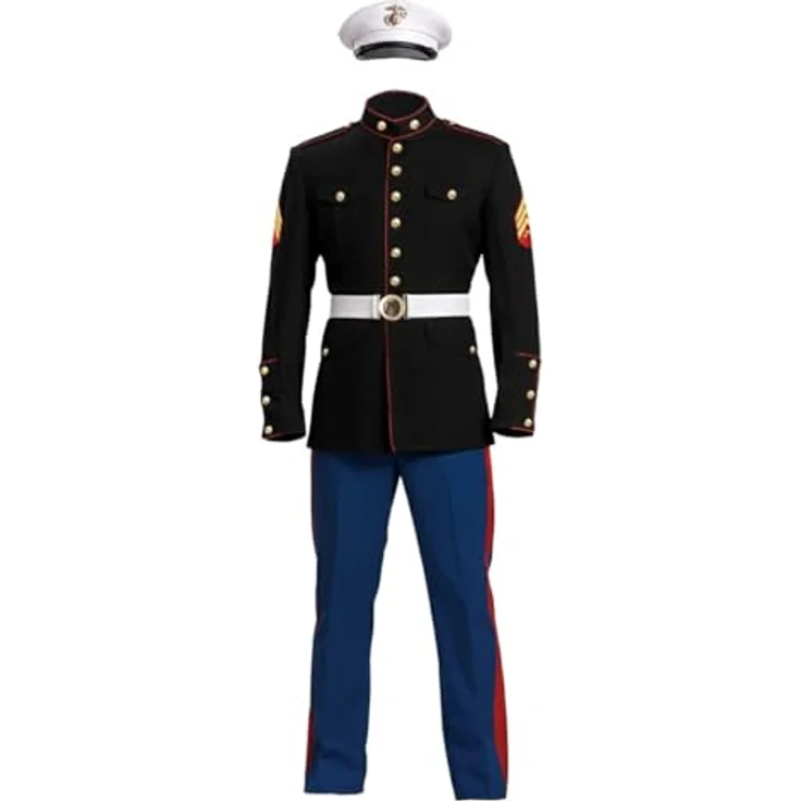 Maskworld Marine Corps Kadett Kostüm (XL), authentische Jacke in Schwarz mit roten Streifen, Marineblaue Hose und Kadettenmütze – Bild 7