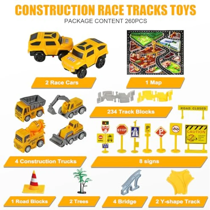 kizplays 260pcs Autorennbahn Rennbahn 6 Cars Bagger Spielzeug ab Spielzeugautos Autobahn ab 3 4 5 6 Jahre Junge Mädchen,Flexible Track Kran Spiele , Elektroauto Cars Autorennbahn für Kinder Geschenk – Bild 5