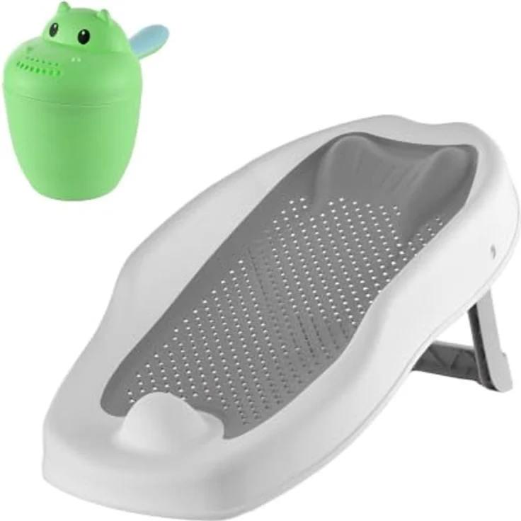 Relaxdays Baby-Badehilfe Set, tränenfreier Haarwaschbecher mit ergonomischer Liegeposition, grau – Bild 1