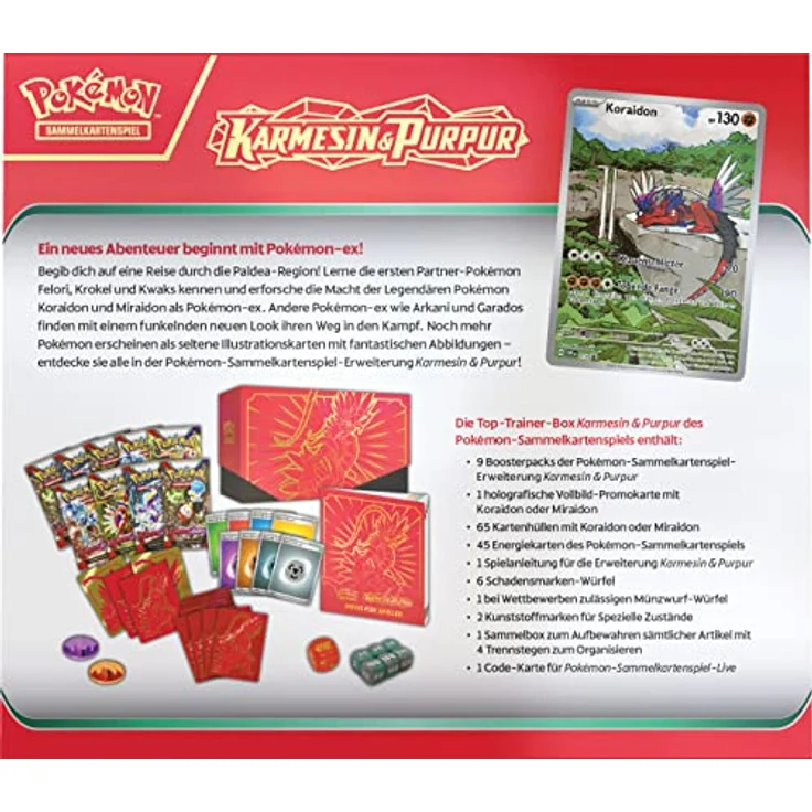 Pokémon-Sammelkartenspiel: Top-Trainer-Box Karmesin & Purpur (Koraidon) (9 Boosterpacks & Premium-Zubehör) - Preisvergleich – Bild 4