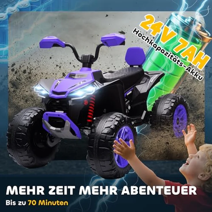 AIYAPLAY 24V Elektro Quad für Kinder, 2-Sitzer mit Vorwärts- & Rückwärtsfunktion, gefederte Räder, Scheinwerfer, USB- & MP3-Anschluss, 4-6,5 km/h, für 3-8 Jahre, Lila – Bild 5