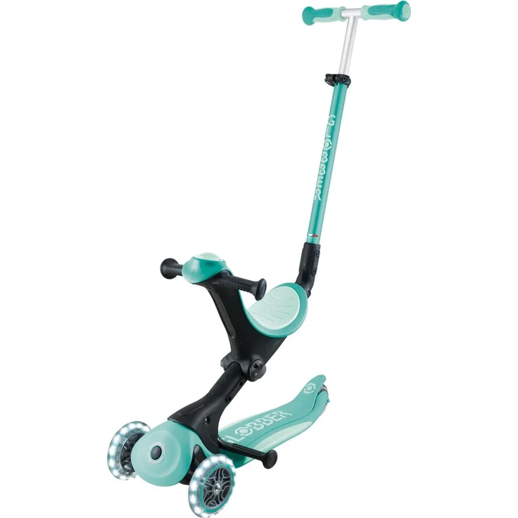 GLOBBER GO-UP DELUXE LIGHTS – 3 in 1 Dreirad, höhenverstellbar, LED-Leuchtrollen, dunkelmint, ABEC 9, Trolley-Modus