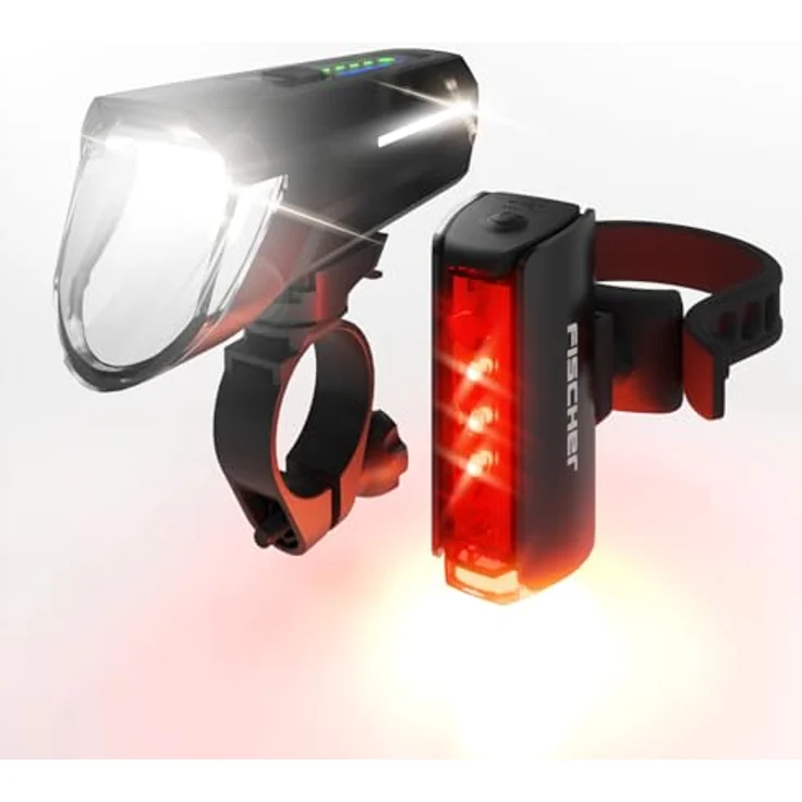 Fischer Fahrrad LED-Akku Beleuchtungs-Set Twin Stop 100 Lux, mit Sensormodus, Leuchtweiteneinstellung, bis zu 8 Stunden Leuchtdauer, schwarz, 1 Stück – Bild 1
