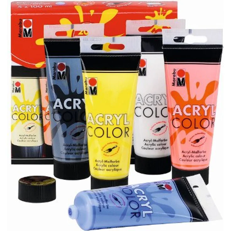 Marabu Acryl Color Set 1201000000087, 5 x 100 ml in Gelb, Zinnoberrot, Dunkelblau, Weiß und Schwarz, seidenmatte Acrylfarbe auf Wasserbasis, schnell trocknend, gut deckend, mischbar – Bild 3