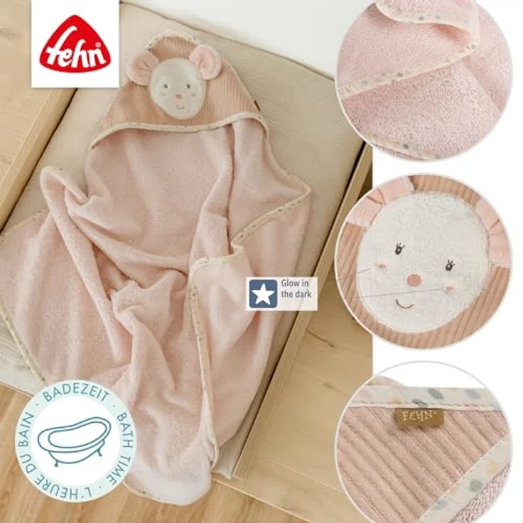 Fehn Kapuzenbadetuch Maus – Bade-Poncho aus Frottee mit Kapuze und Maus Motiv 80x80cm - saugstark & kuschelweich - in zartem Rose – Bild 5
