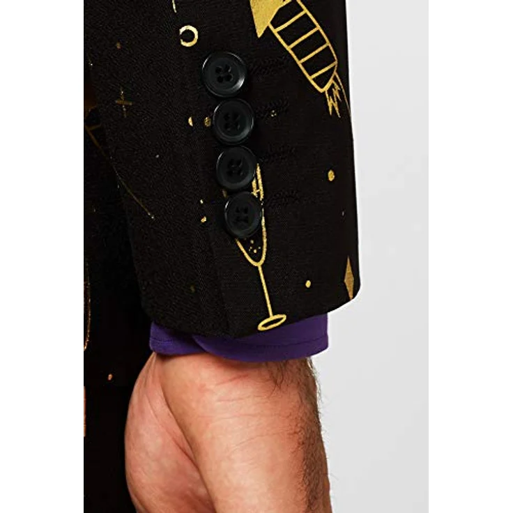 OppoSuits Fancy Fireworks (54), schwarzer Anzug mit goldenen Raketen und Sektgläsern, dreiteilig mit Jacket, Hose und Krawatte – Bild 3