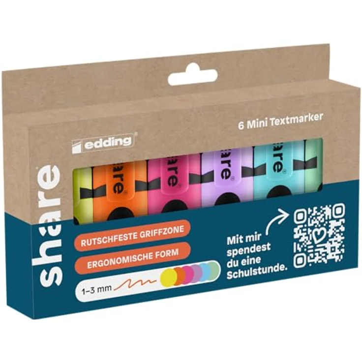share Marker share Mini-Textmarker 6er Set, ergonomisch mit rutschfester Griffzone, Strichbreite 1-3 mm – Bild 1