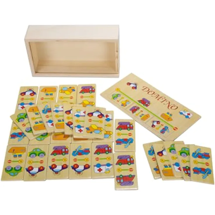 GICO Domino Spiel Fahrzeuge aus Holz, 28 stabile Steine in praktischer Holzbox für Kinder und Erwachsene, ideal für Zuhause und Reisen - 7968