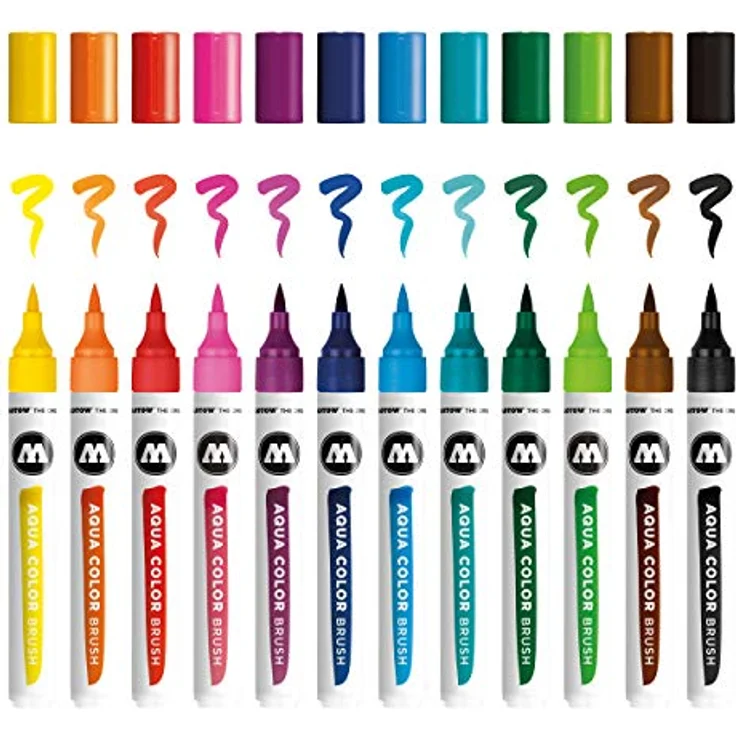 Molotow Aqua Color Brush (Brush Pen Marker Basic-Set 1, Pinsel Spitze für Aquarellieren und Handlettering) 12 Stück sortiert, wasserbasierte Farben in 12 verschiedenen Farben – Bild 1