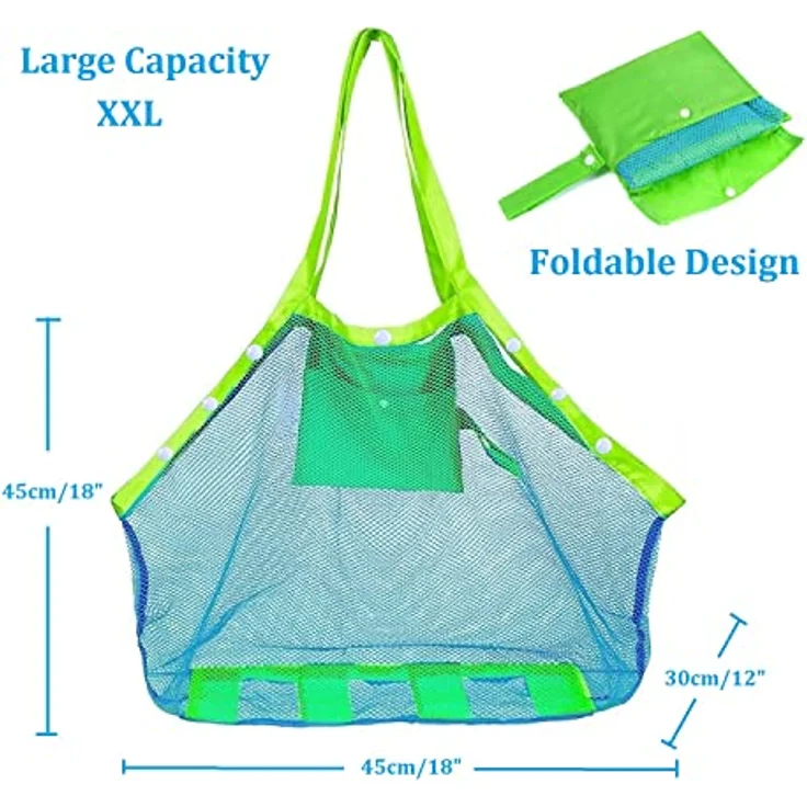 COOLGOEU Strandtasche Strandspielzeug Tasche XXL Groß für Sandspielzeug Wasserspielzeug für Kinder Aufräumsack Spielsack Badetasche Beachbag Faltbar für Familie Urlaub (Blau Mesh/Grün Strap) – Bild 5