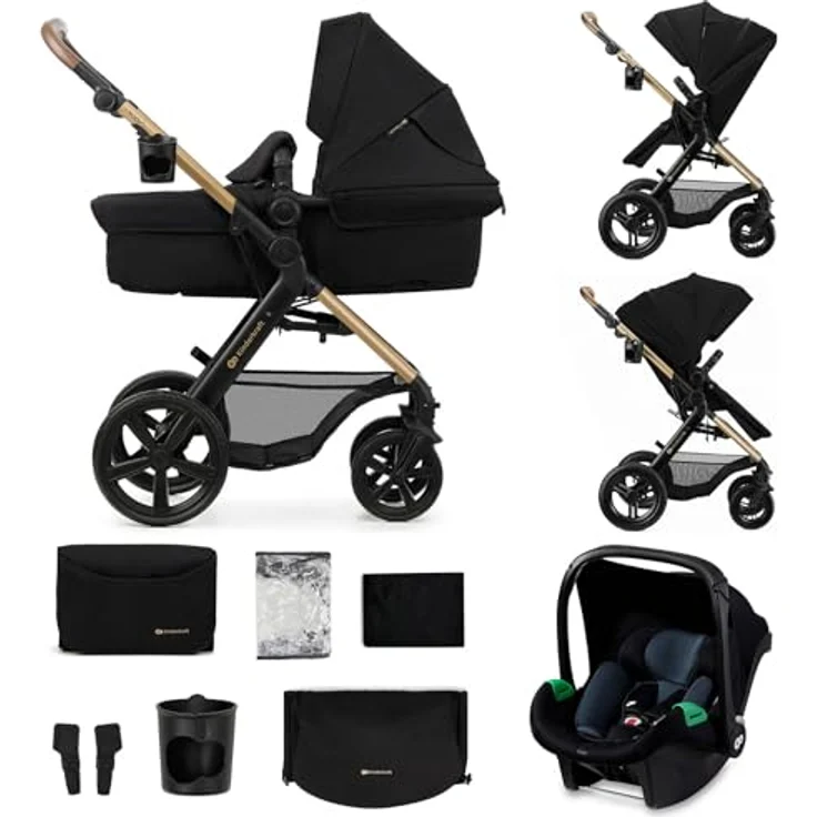 Kinderkraft MOOV XL, 3-in-1 Kinderwagenset bis 27 kg mit I-SIZE Kindersitz (40-75 cm), große aufblasbare Räder, dämpfender 2-in-1 Sitz, XL Babywanne, Zubehörset, Schwarz – Bild 1