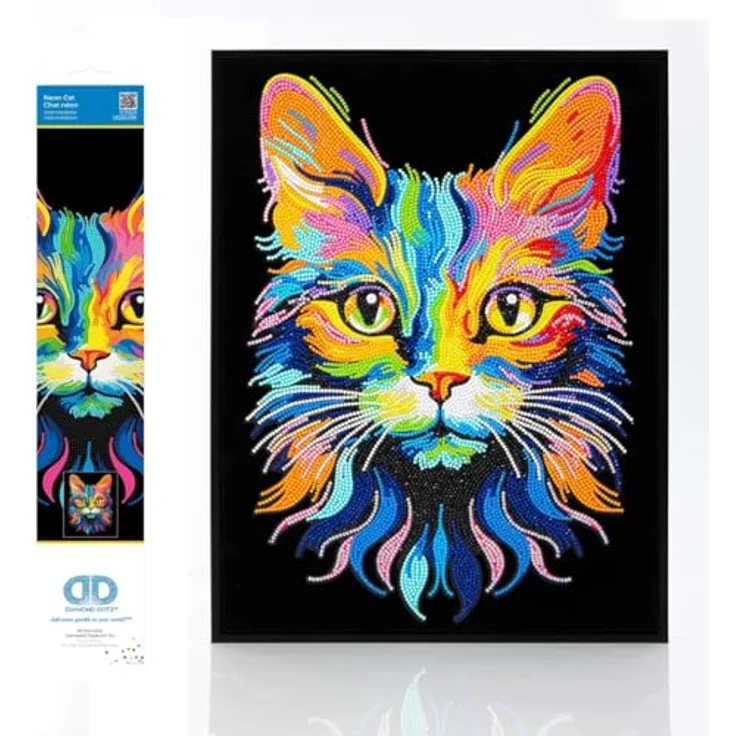 Diamond Dotz Kreativset Diamond Painting Neon Katze, hochwertige Strasssteine mit 13-Facettenschliff und Neonfarben auf schwarz beflocktem Hintergrund – Bild 1