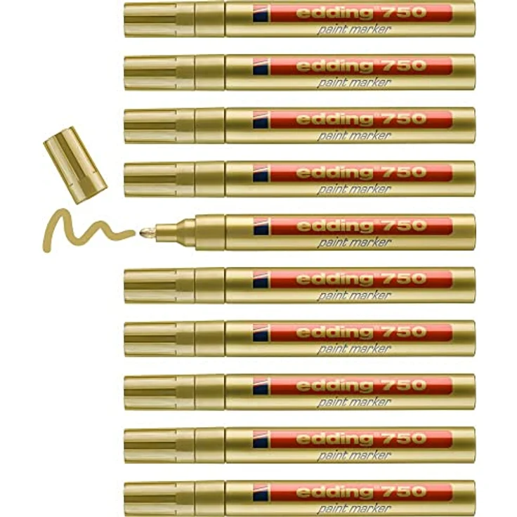 edding 750 Lackmarker - gold - 10 Stifte - Rundspitze 2-4 mm - Lackstift zur Markierung und Beschriftung von Metall, Glas, Stein oder Kunststoff - hitzebeständig, permanent, wisch- und wasserfest – Bild 1