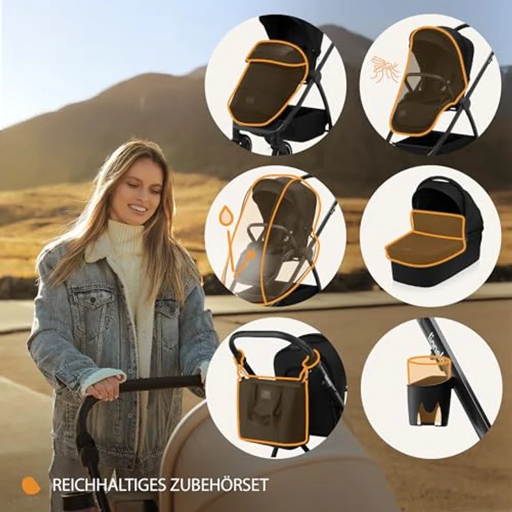 Lionelo Meril 2-in-1 Kombikinderwagen, XL-Babywanne bis 9 kg, Buggy bis 22 kg, geländegängige Gummiräder, Vollfederung, XXL-Verdeck - Black – Bild 7