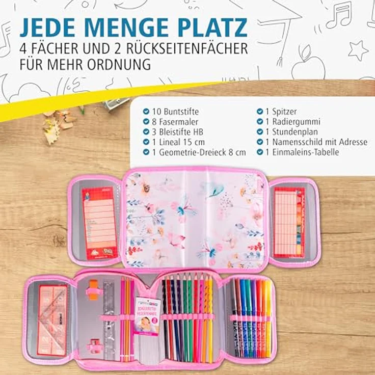 itenga Schüler-Etui Mäppchen Schmetterling, 28-teilig, gefüllt mit Buntstiften und Zubehör, wasserfestes Polyester, 1-Zipper – Bild 4