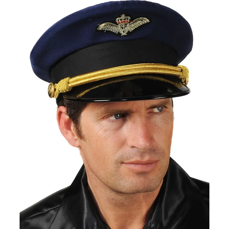 Thetru Pilotenhut blau, einteiliger Kostümhut mit Emblem und Zierborte, Universalgröße für Erwachsene, 100% Polyester