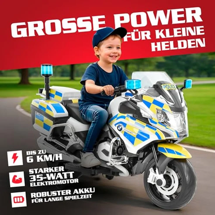 HECHT Kinder Motorrad | BMW R1200RT Polizei | bis 6km/h | 35W | mit Stützräder | Koffer | Radio | Blaulicht | Sirene | 12V Akku, 7 Ah – Bild 2