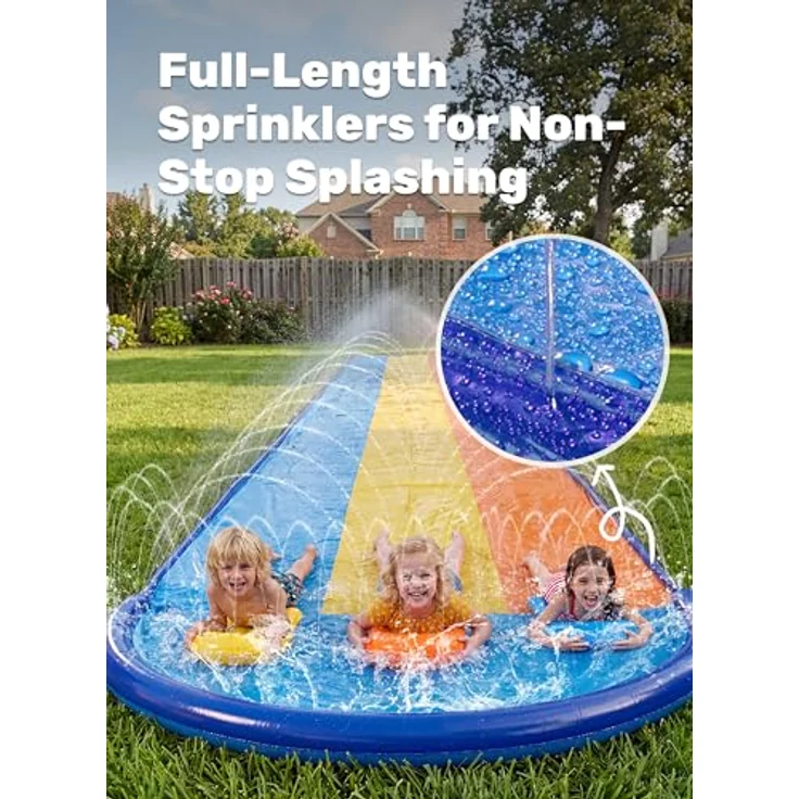 Sloosh 18ft/548cm Dreispurige Wasserrutsche mit 3 Bodyboards und integrierten Sprinklern, extra breite Rasen-Wasserrutsche für Kinder und Erwachsene, Außen-Wasserspielzeug für Sommer-Spaß – Bild 4