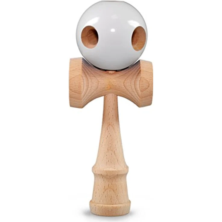 Ganzoo Kendama, traditionelles Buchenholz Geschicklichkeitsspiel mit Kugel, Nylonseil, 3 Fangtellern, ergonomischem Griff, Höhe 16 cm, weiß Beginner – Bild 1