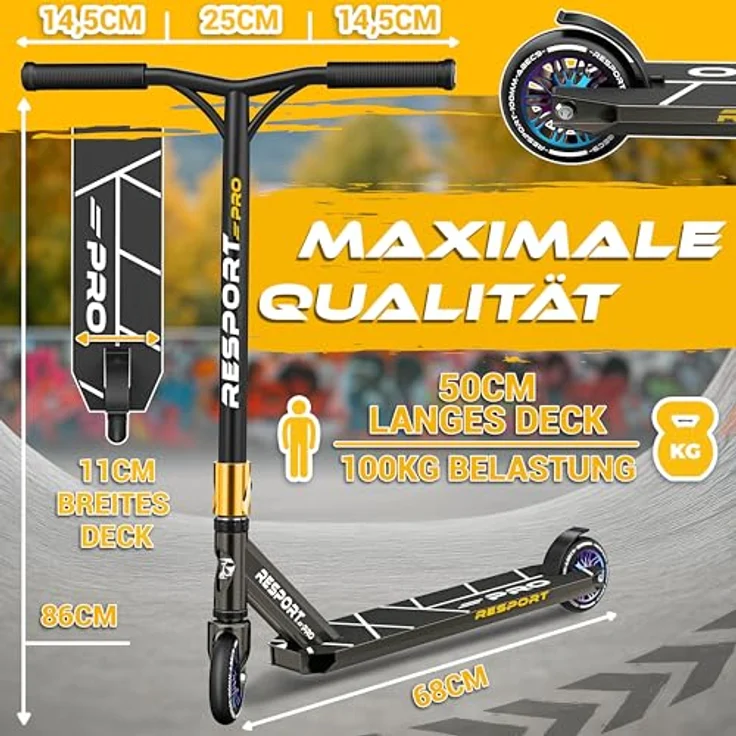 RE:SPORT REVO PRO Stunt Scooter, Profi Kickscooter mit 110mm PU Wheels, ABEC 9 Lager, leicht und wendig, inkl. Ständer für Kinder & Erwachsene – Bild 7