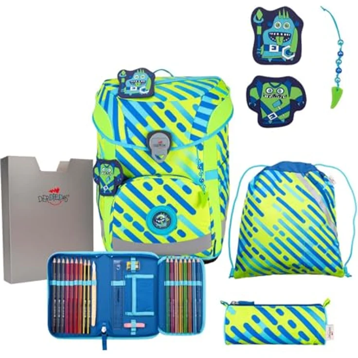 DerDieDas ErgoFlex Easy Exklusiv Neon Schulranzenset 5-teilig Monster, Kinder-Ranzen mit ergonomischem Design und stylischen Set-Teilen, blau – Bild 1