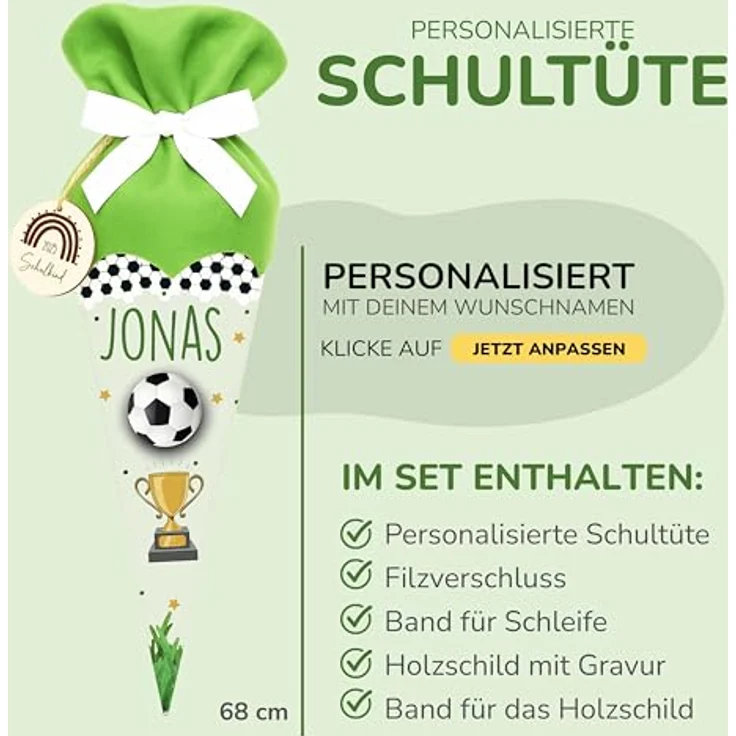 Kidsmood Fußball Schultüte personalisiert mit Namen, hochwertiges Bastelset mit Rohling, Stoff & Holzschild für Einschulung 2026 in dynamischem Fußball Design – Bild 3