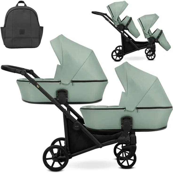 Kunert BRAV DUO Zwillingskinderwagen 2 in 1, Aluminiumrahmen mit Mint/schwarzem Gestell, komfortable Babywannen, verstellbare Rückenlehnen und umfangreiches Zubehör – Bild 1