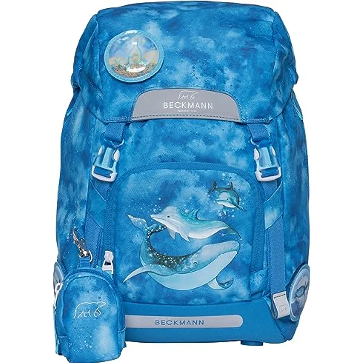 Beckmann Schulranzen Classic, 6tlg. Set mit Sportrucksack, Federmäppchen, Schlamperrolle und Buttons, blau – Bild 2