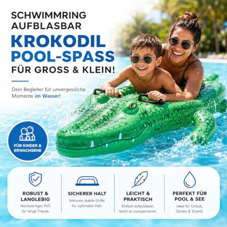 TK Gruppe Timo Klingler XXL Krokodil Aufblasbare Luftmatratze, 160 cm Schwimmring für Pool und Wasser, robustes PVC für Erwachsene und Kinder – Bild 2
