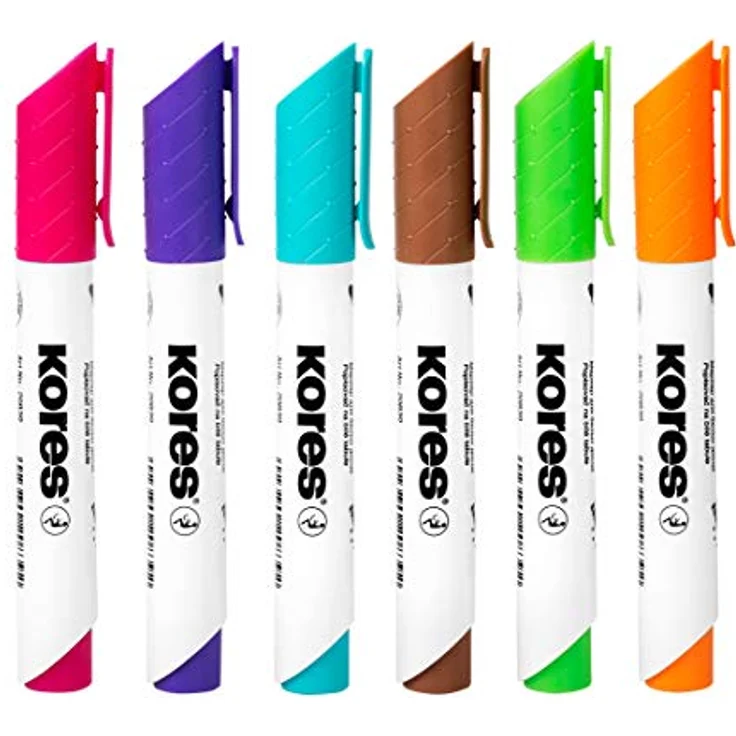 KORES Whiteboardmarker M20802, Set mit 6 Farben (pink, violett, türkis, braun, hellgrün, orange), 3mm Rundspitze, schnell trocknende Tinte, rückstandslos entfernbar – Bild 2