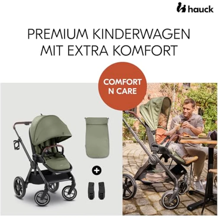 hauck Comfort N Care, Kinder Buggy in Olive mit Beindecke, wendbarem Sitz, Liegefunktion, XL Verdeck UPF 50+, Federung, Gummi Rädern, höhenverstellbarem Schieber und Getränkehalter – Bild 2