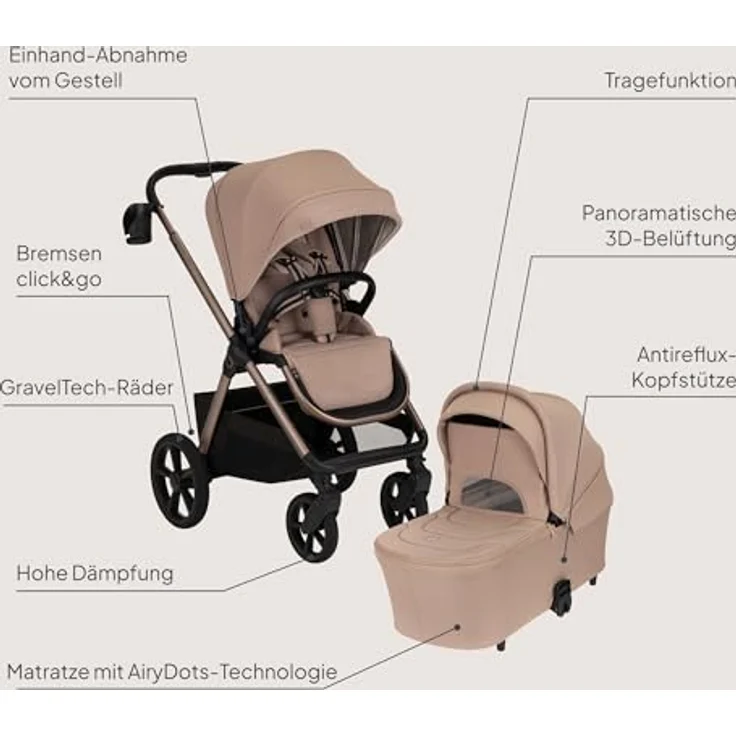 Lionelo Kinderwagen Carmine 3in1, mit Autositz i-Size, Babywanne & Buggy, GravelTech Räder, Federung, UPF50+, Beige – Bild 14