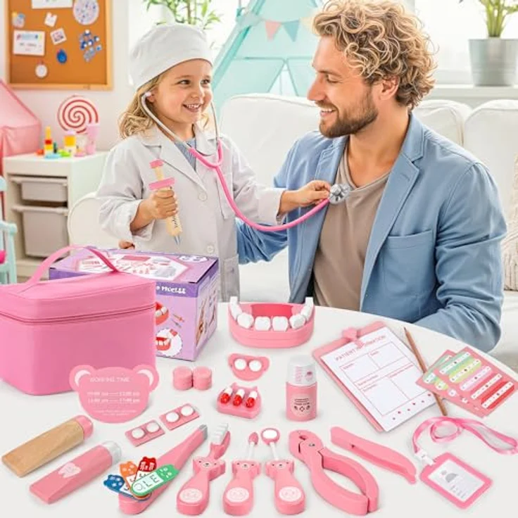 Ophy Arztkoffer Kinder Holz Spielset, 40-teiliges Doktorkoffer mit echtem Stethoskop für Kinder ab 3 Jahren, medizinsches Rollenspielzeug – Bild 5