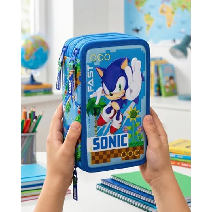 Clondo 3-Fach Federmäppchen für Jungen, gefüllt für Sonic-Fans, 46-teiliges Schulmäppchen Set mit radierbaren Stiften, Filzstiften, Buntstiften - ideal für Schule & als Geschenk – Bild 5