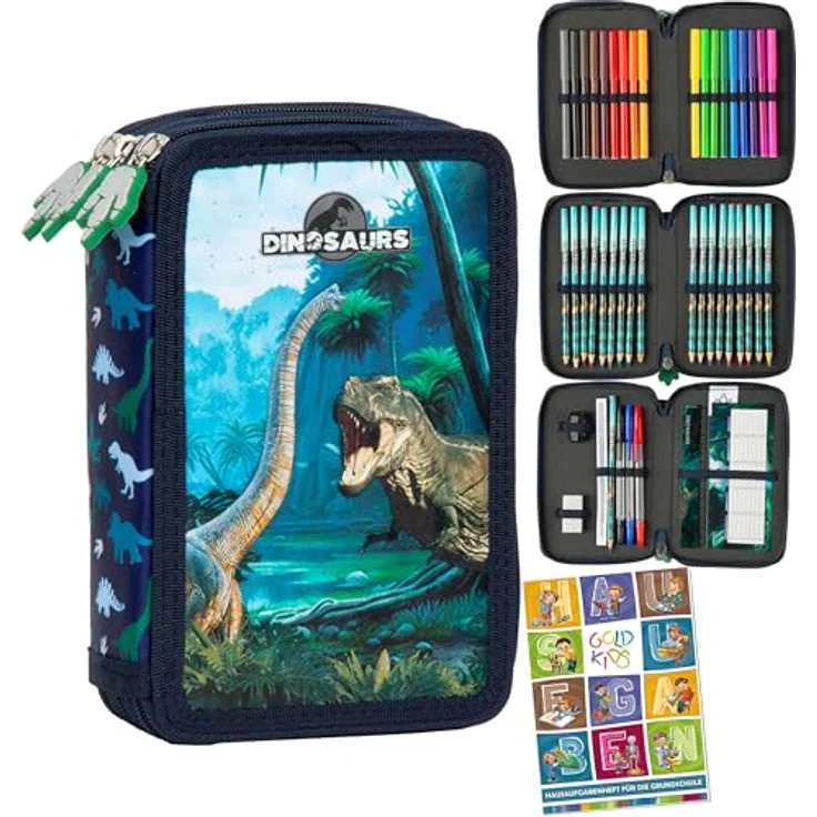 Goldkids Federmäppchen 3 Fächer, gefüllte Schüleretui 44-teilig mit Dinosaurier Motiv, robust und faltbar, inkl. 18 Filzstifte, 18 Buntstifte, 3 Kugelschreiber und Hausaufgabenheft – Bild 1