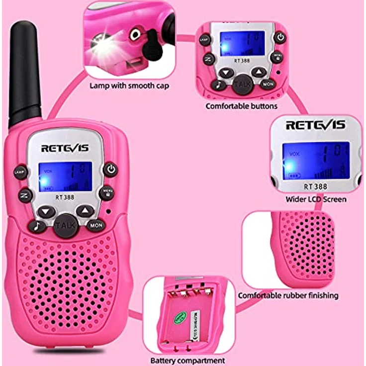 Retevis RT388 Walkie Talkie Kinder, 8 Kanäle Funkgerät mit großer Reichweite und Taschenlampe, VOX, rosa, für 3-12 Jahre, 1 Paar – Bild 2