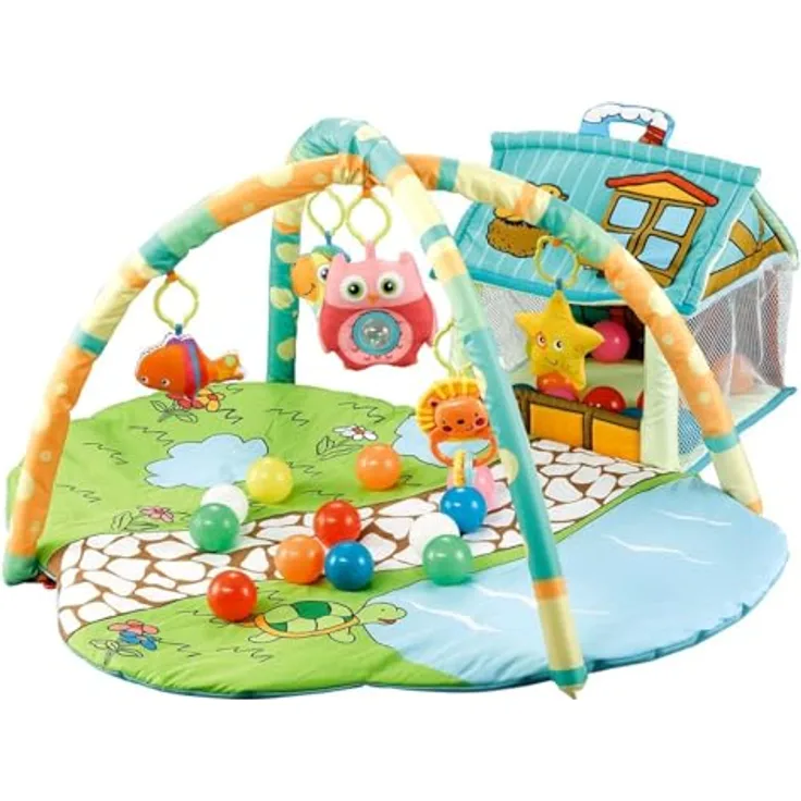 Moni Spielbogen Activity Center Happy Farm JL625-1A, Spielbogen 30 Spielbälle, kleines Haus, für Babys ab 6 Monate, abnehmbarer Spielbogen, inkl. Krabbeldecke und Spielzeug