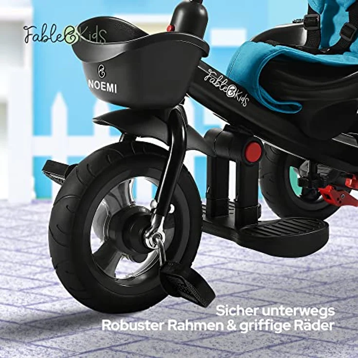 FableKids 5in1 Dreirad Noemi mit Schubstange ab 18 Monate bis 25kg, Vorwärts und Rückwärtsfahrt, PU-Reifen, Freilauf geräumiger, Korb, Tasche, Getränkehalter - Türkis – Bild 6